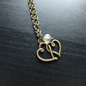 Anklet, Brass Hearts 11" interlocking hearts clear faceted bead fashion costume